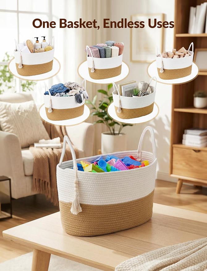 NiHome Toilet Paper Basket, Foldable Boho Cotton Rope Bathroom Organizer