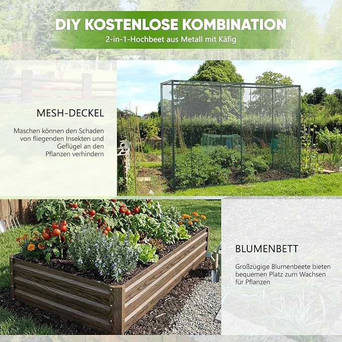 DoCred Crop Cage with Raised Garden Bed, 72.8" x 37.4" x 59" Plant Protection Tent Garden Cages with Window, 2 in 1 Galvanized Raised Garden Bed Kit and Mesh Cover for Garden, Yard, Lawn