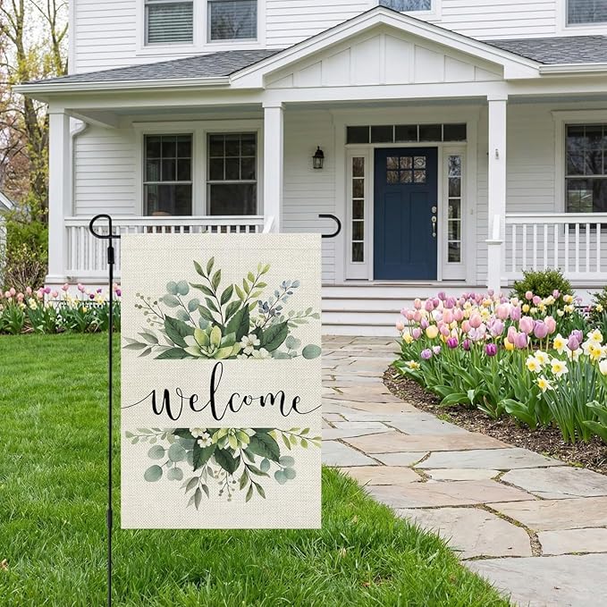 CROWNED BEAUTY Spring Floral Welcome Garden Flag 12×18 Inch Double Sided for Outside Eucalyptus Small Burlap Seasonal Yard Flag