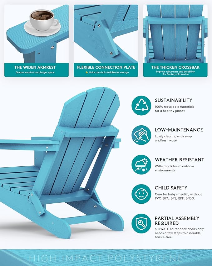 SERWALL Folding Adirondack Chair Weather Resistant Patio Chair with Cup Holder Outdoor Chairs Set of 6 Painted Adirondack Chairs - Light Blue