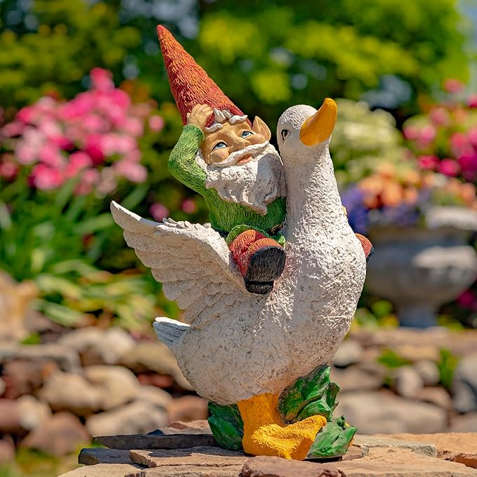 Zaer Ltd. Classic Spring Gnome Garden Statue in Assorted Styles (Gnome Riding Duck)