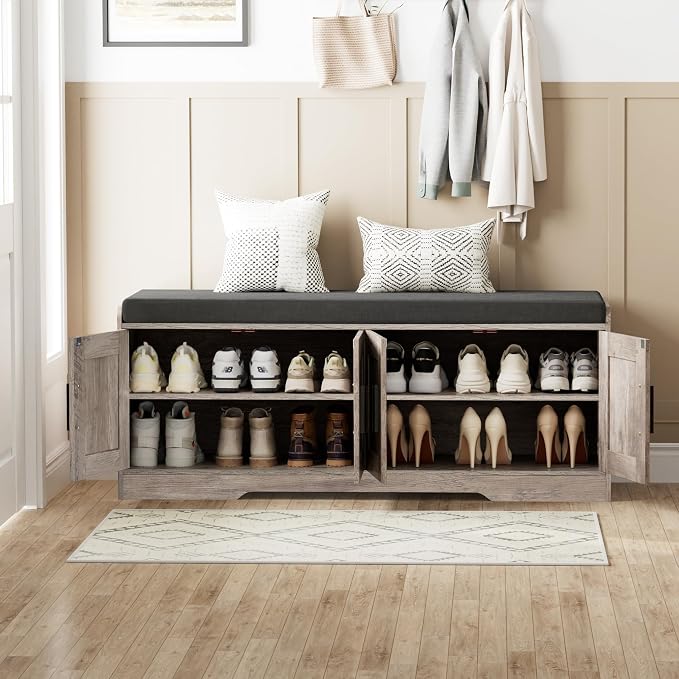 Homleke Shoe Storage Bench, 4 Doors & Thickened Padded Seat Cushion