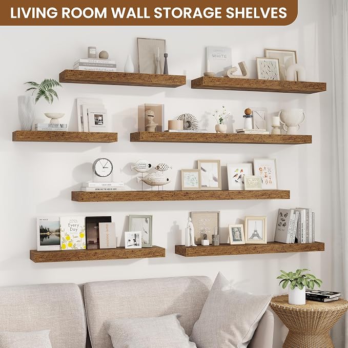 Floating Shelves for Wall, Wall Mounted Wood Shelves, Brown, Set of 2, 55in | Wood Floating Shelf with Invisible Brackets for Living Room, Bathroom, Bedroom, Kitchen, Hanging Shelf for Storage and Decor