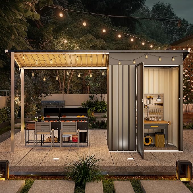AECOJOY 5x3 FT Outdoor Storage Shed & Hardtop Gazebo Combo, 10x4 FT Metal Lean to Shed with 3‘x5’ Open Pergola, 2-in-1 Tool Sheds & Outdoor Storage for Patio, 30 Sq.Ft Covered