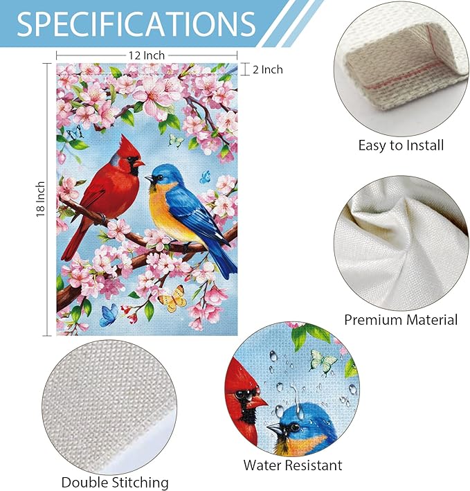 Heyfibro Spring Summer Cardinal Garden Flag 12x18 Double Sided Burlap, Bluebird & Cherry Blossom Flower Yard Banner for Rustic Seasonal Outdoor Decoration (ONLY FLAG)