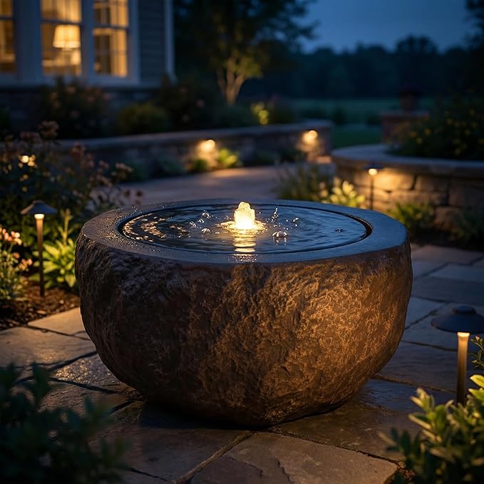Sunnydaze Outdoor Water Fountain with LED Light - Polystone Round Bowl Bubbler Water Feature with Pump - 9.5" H - for Patio, Garden, Deck, Relaxation and Stress Relief - Brown