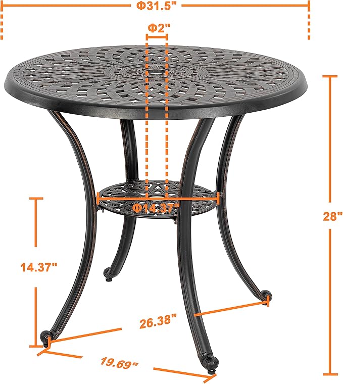 NUU GARDEN 31 Inch Patio Dining Table, Cast Aluminum Patio Table with Umbrella Hole, Round Outdoor Bistro Table for Backyard, Garden, Porch, Black with Antique Bronze Edging