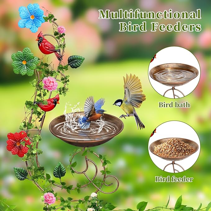 YADOOLIFE 57” Bird Bath with Garden Trellis for Climbing Plants Outdoor, Small Decorative Trellises Metal Birdbath Bird Baths, 1 Piece (Redbird)