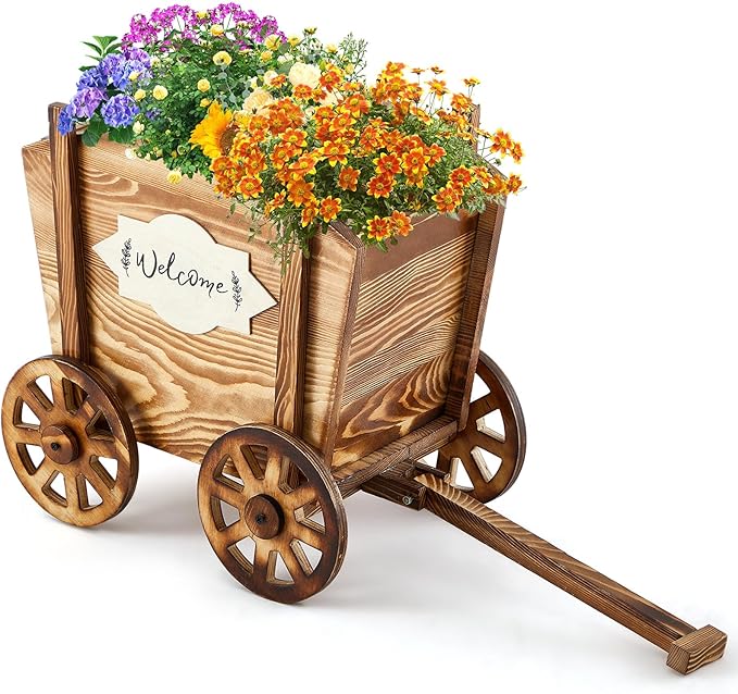Beeveer Wooden Wagon Planter with Wheels Wagon Flower Planter Wooden Wheelbarrow Decorative for Herbs Vegetables for Indoor Outdoor Decor, Flower Cart for Patio Garden Balcony