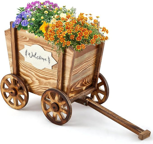 Beeveer Wooden Wagon Planter with Wheels Wagon Flower Planter Wooden Wheelbarrow Decorative for Herbs Vegetables for Indoor Outdoor Decor, Flower Cart for Patio Garden Balcony