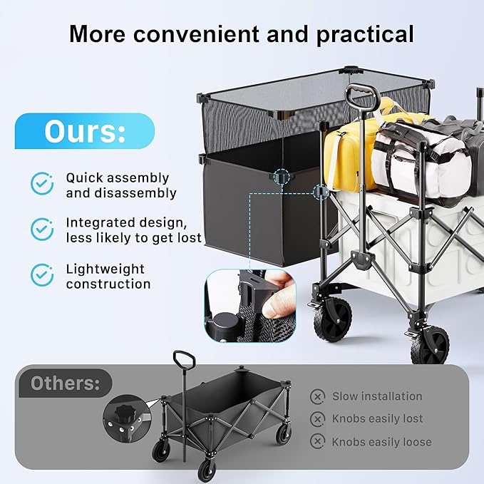Homebetta Collapsible Wagon Cart, 450LBS Heavy Duty Collapsible Wagon with Brake, All-Terrain Wheels, Removable Fabric Cover, Adjustable Capacity 150L–300L for Garden, Moving, Glamping, Beach, Gift