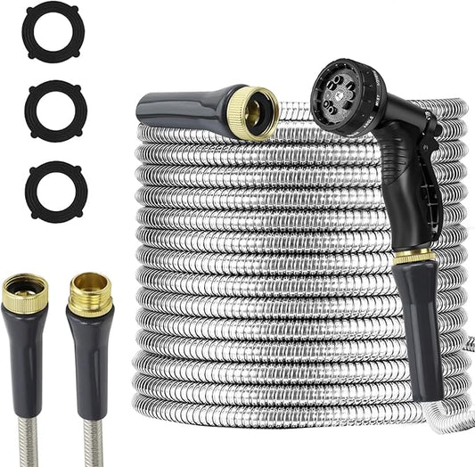 Stainless Steel Garden Hose 25ft Heavy Duty Metal Water Hoses with 10 Function Water Hose Nozzles for Yard Outdoor