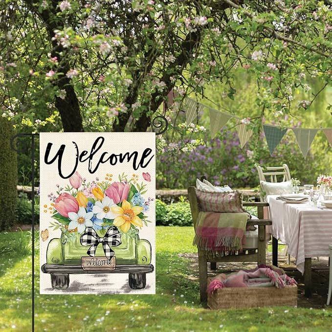 AVOIN colorlife Spring Tulip Garden Flag 12x18 Inch Double Sided Outside, Seasonal Flower Truck Rustic Yard Outdoor Flag