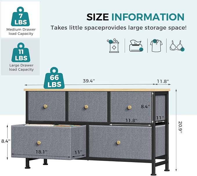OLIXIS 5 Drawer Dresser for Bedroom, Storage Organizer Unit for Closet