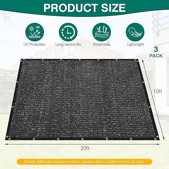 3 Pcs 80% Shade Cloth 10 x 20 ft Black Shade Cloth Mesh Garden Mesh Shade Canopy with Reinforced Grommets Sun Mesh Tarp Shade Net for Greenhouse, Plant, Garden, Flowers Heat Protection