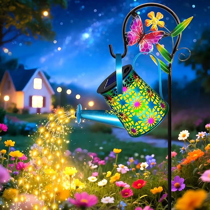 Solar Lights Outdoor Decorative, Blue Metal Solar Watering Can Lights Waterproof, Gifts for Women Mom Mother's Day, Hanging Lantern Decoration Garden Decor Yard Light for Outside Patio Lawn Porch
