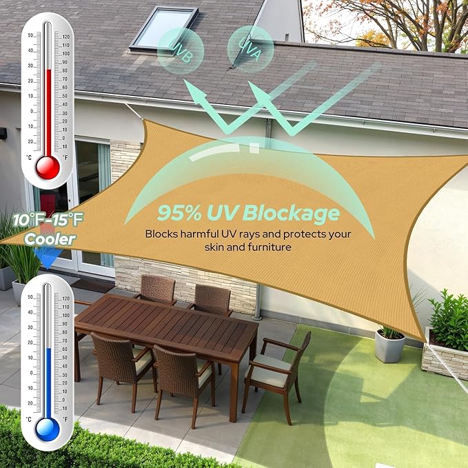 TasticTotes Rectangle Sun Shade Sail - 10' x 13', 95% UV Blockage, HDPE Sunshades for Outdoor Patio, Yard, Deck, Garden, Lawn, Permeable Awnings for Patio Shade with Reinforced Corners & Ropes (Sand)