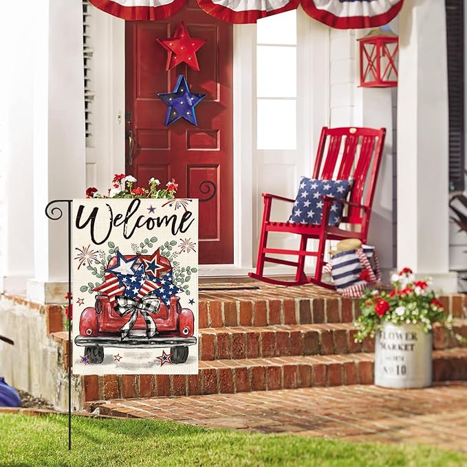 AVOIN colorlife Welcome Patriotic 4th of July Truck Garden Flag 12x18 Inch Double Sided, Rustic Farmhouse Yard Outdoor Decoration