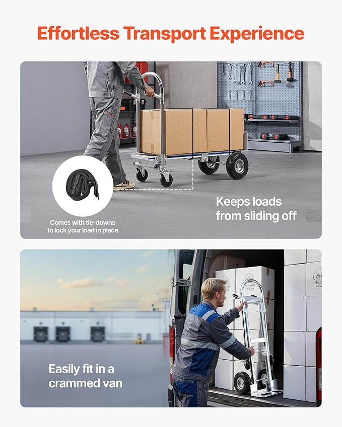 VEVOR 2 in 1 Hand Truck, 1000 lbs Load Capacity for 4-Wheel Mode, Convertible Hand Truck Dolly with Non-Slip Handle & Wheels, Portable Trolley Dolly for Moving Home, Office, Warehouse, Supermarket