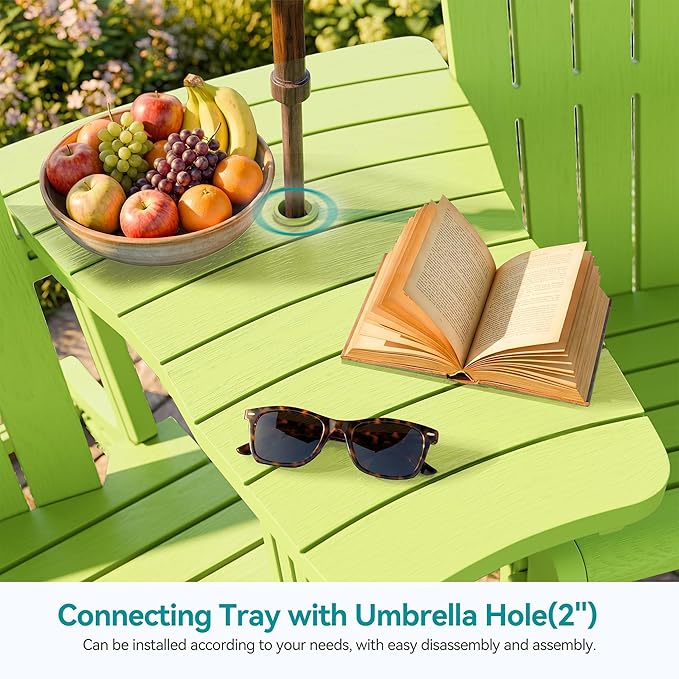 Vongrasig Adirondack Chairs Set of 2 with Removable Tabletop and Footrest, HDPE Plastic Outdoor Chair Set with Wooden Textured, Cup Holder for Patio, Poolside, Garden, Green, 5 Pieces