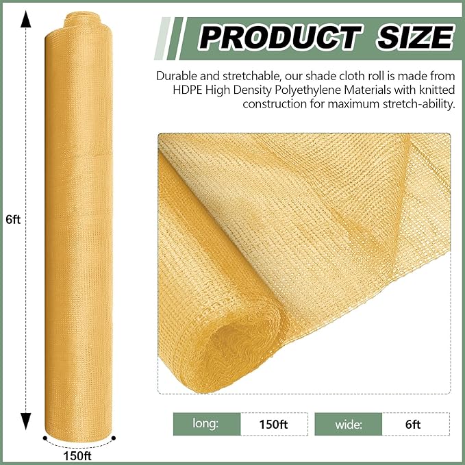 6 x 150 ft Shade Cloth Beige Shade Cloth Roll for Covering Garden 90% Mesh UV Resistant Net with Ties for Patio Outdoor Greenhouse Fence Flower Plant Cover Canopy