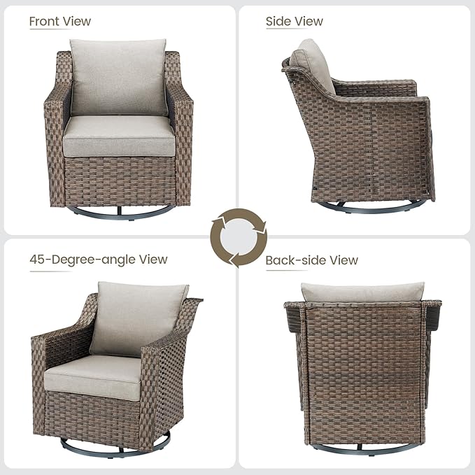 Outdoor Patio Table and Chairs Set - 3 Piece Outside Wicker Conversation Bistro Dining Furniture Sets with Rocking Swivel Chair and Glass Top End Tables for Front Porch Balcony Yard – Brown/Beige