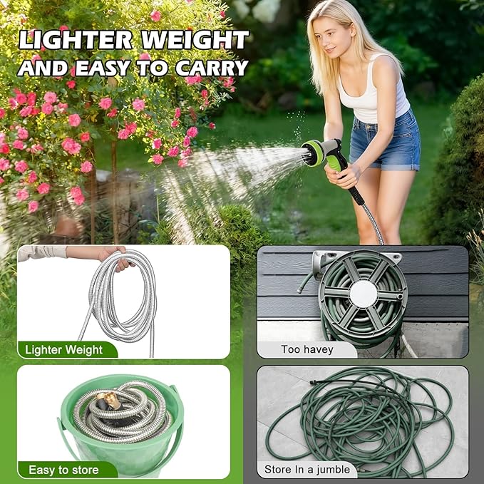 Metal Garden Hose 100 ft Stainless Steel Heavy Duty Water Hose with 10 Function Nozzles Flexible Lightweight Kink-Free Leakproof Sturdy Hoses Pipe 3/4" Brass Fitting for Outdoor Yard Lawn RV