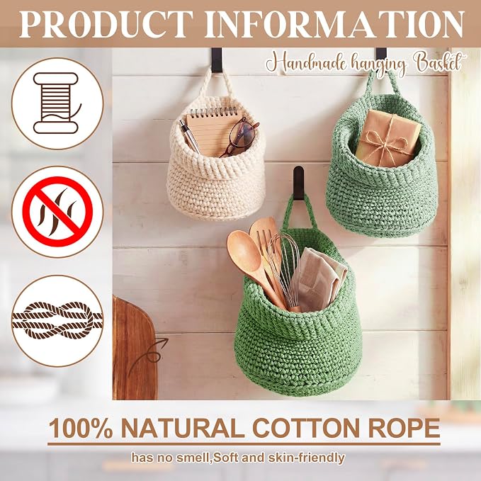 Honeydak 3 Hanging Baskets, Sage Color Palette, Barrel, Cotton Rope | Wicker Wall Baskets with Hooks for Fruit Vegetable Onion Storage, Teardrop Organizer for Kitchen, Boho Farmhouse Decor