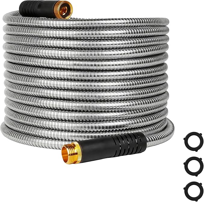 HERZO 50FT Metal Garden Hose, Ultra Flexible Stainless Steel Water Hose, Non-Kinking, Leak-Resistant Design with Solid Brass Connectors