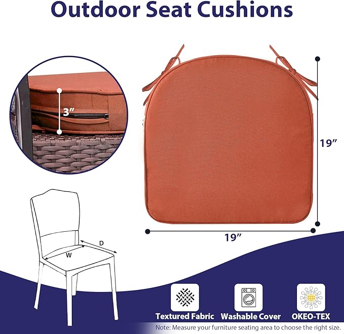 IPYNBAP Outdoor Chair Cushions Set of 4 -Waterproof Outdoor Seat Cushions for Patio Furniture, Patio Chair Cushion with Handle and Ties, Round Out Door Chair Pads,19" x 19" x 3", Spice