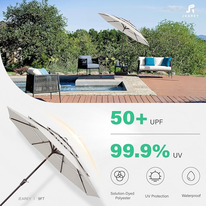 JEAREY 9FT 3 Tier Patio Umbrella Outdoor Market Umbrella Table Umbrellas with 8 Ribs 1.5 Pole Push Button Tilt and Crank UV Protection for Garden,Off-white