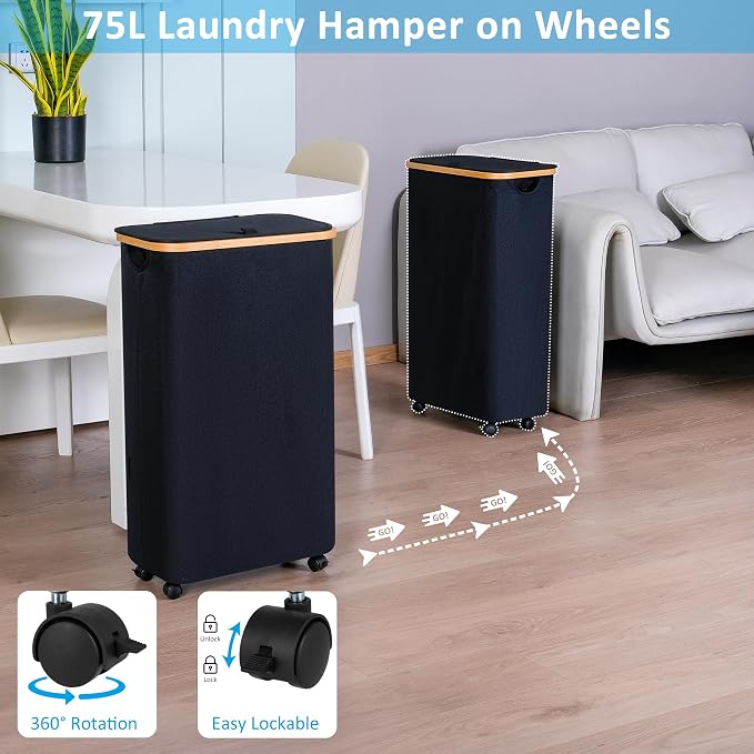 efluky Slim Laundry Basket with Wheels, Narrow Rolling Laundry Hamper with Lid and Removable Bag, Aesthetic Dirty Clothes Hamper on Wheels for Laundry Room, Bedroom, Dorm and Bathroom, 75L Dark Black