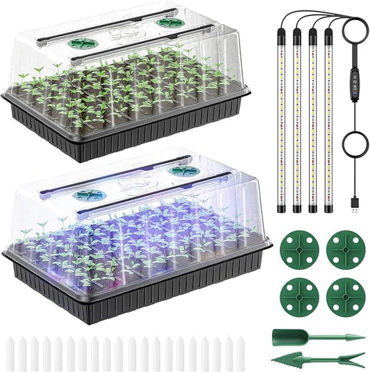 Pawfly Seed Starter Trays, 2 Pack 80 Cells Seed Starter Kit with Adjustable Grow Light Bars & 3.5" Humidity Domes, Seeding Tray with Lids, Reusable Plant Germination Trays for Seed Starting