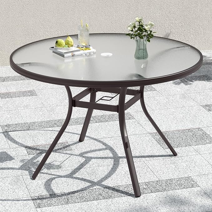 Anmutig 40" Round Glass Outdoor Patio Dining Table with Umbrella Hole - Brown Frame