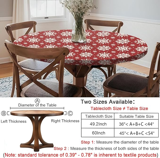 Fitted Christmas Round Tablecloth Waterproof Table Cloth Vinyl Indoor Outdoor Circle Cover for 36-44" Table Dining Living Room Kitchen Western Home Party Decor Gift Festival Family Essential