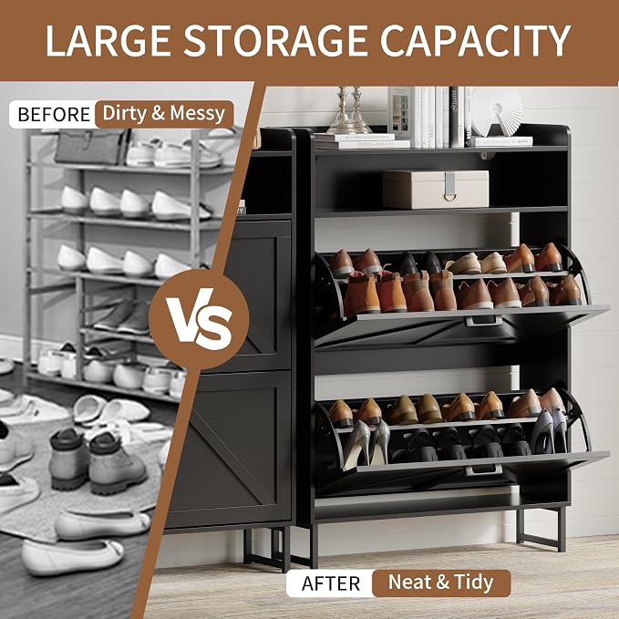 Xixini Shoe Storage Cabinet with 2 Flip Drawers, Entryway Shoe Rack, Black