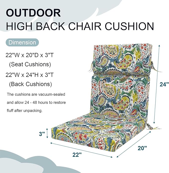 DYTXIII Outdoor High Back Chair Cushions Set of 2, 44"x22" Water Repellent Patio Seat Cushions with Elastic Sponge, All Weather Chair Pads for Rocking, Dining, Patio Furniture - Paisley Paradise