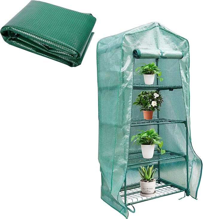 Sfcddtlg 4 Tier Greenhouse Replacement Cover with Roll-Up Zipper Door-PE Plant Greenhouse Cover for Indoor Outdoors Gardening Plants Cold Frost Protection Wind Rain Proof (Frame NOT Include)