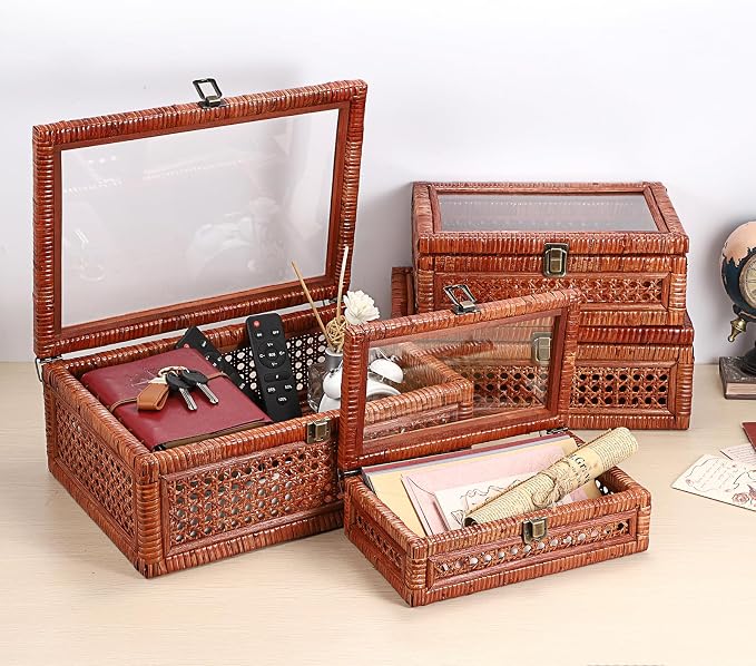 Hipiwe Vintage Rattan Display Box Rectangular Woven with Glass Lid, Brown | Natural Woven Cane Organizer for Home Decor, Decorative Rattan Storage Box for Shelf, Bathroom, Kitchen, 14" x 10" x 5.7"