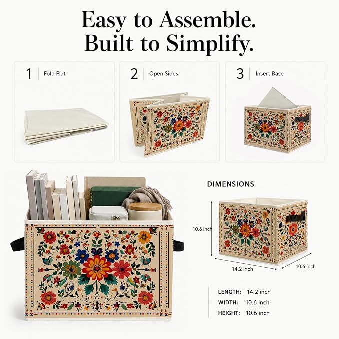 Boho Vintage Floral Storage Bins Box, Colorful Folk Art Flower Botanical Collapsible Storage Basket Clothes Toys Books Organizer for Bedroom Laundry Room Home Decor