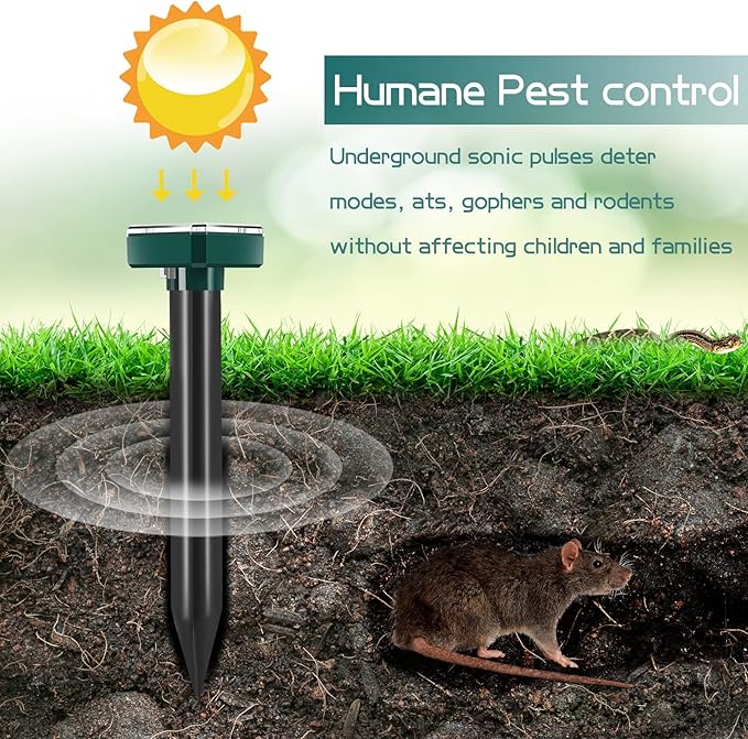Mole Repellent for Lawns Solar Powered Mole Repeller Ultrasonic Gopher Repellent Waterproof Outdoor Snake Stakes Spikes for Yard Garden Gophers Groundhogs Voles Rodent (12, Small)