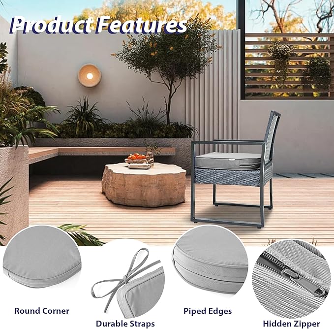 IPYNBAP Outdoor Chair Cushions Set of 4 -Waterproof Outdoor Seat Cushions for Patio Furniture, Patio Chair Cushion with Handle and Ties, Round Out Door Chair Pads,18.5" x 16" x 3", Grey