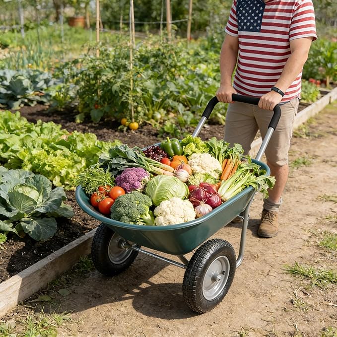 Steel Tray Wheelbarrow Heavy Duty Garden Cart with 12 Inch Pneumatic Wheel, 220lbs Capacity Lightweight Yard Cart Wheelbarrow for Landscaping, Residential Gardening, Red (Green)