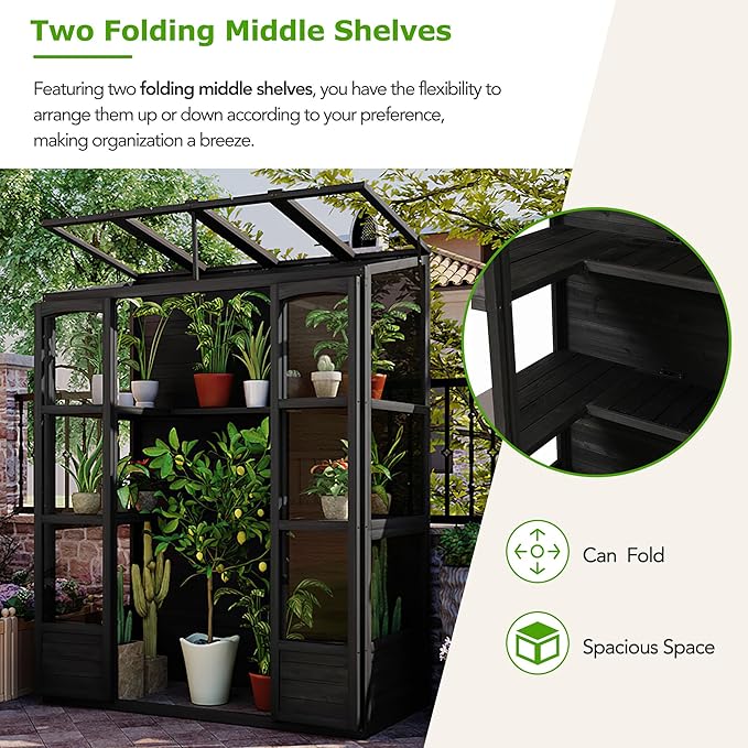 Walk-in Greenhouse for Outdoor 78 Inch Wooden Green House Cold Frame with 2 Doors 4 Openable Independent Skylights 2 Folding Middle Shelves Heavy Duty Plant Gardening Green House for Backyard, Black