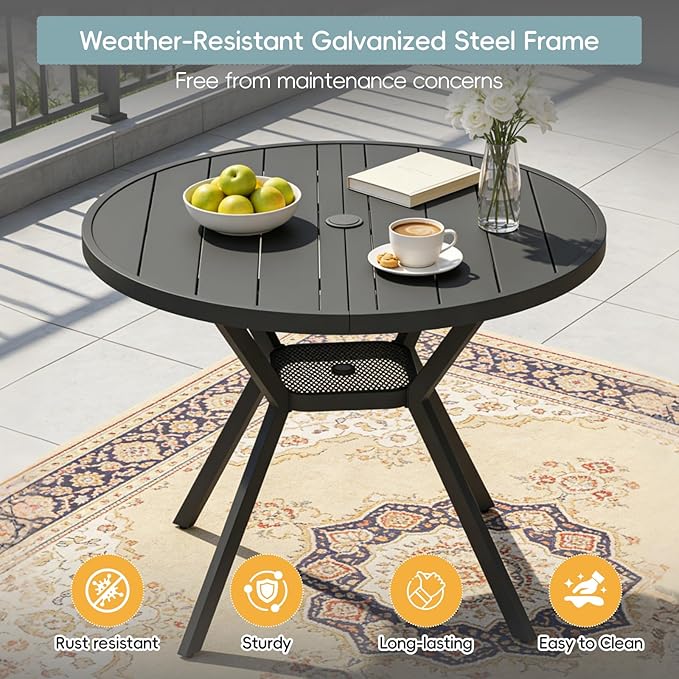 42" Outdoor Patio Table Dining Table, All Weather Metal Round Patio Table with Adjustable Umbrella Hole, Patio Furniture for Lawn Garden Backyard, Black