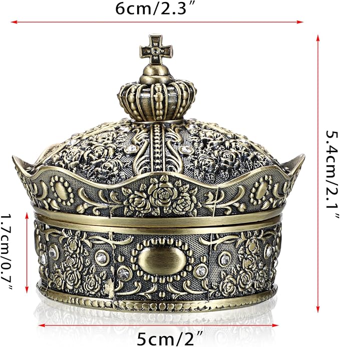 Hipiwe Vintage Jewelry Box, Antique Crown Design Trinket Treasure Chest Storage Organizer, Metal Earrings/Necklace/Ring Holder Case, Keepsake Giftb Box for Women, Bronze