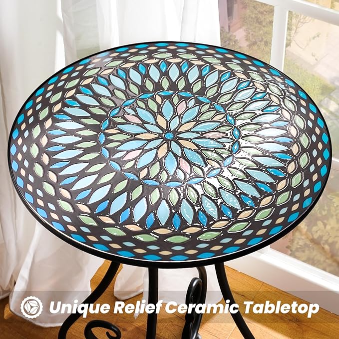 18" Round End Table, Unique Relief Ceramic Tile Tabletop with Metal Frame, Metal Scrollwork Accent Outdoor Side Table