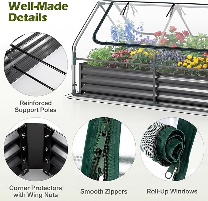 S AFSTAR Raised Garden Bed with Cover, 6FT x 3FT x 3FT Galvanized Bottomless Garden Bed with Greenhouse & Dual Roll-Up Screen Windows, Outdoor Metal Planter Box Kit with Cover (Black & Clear)