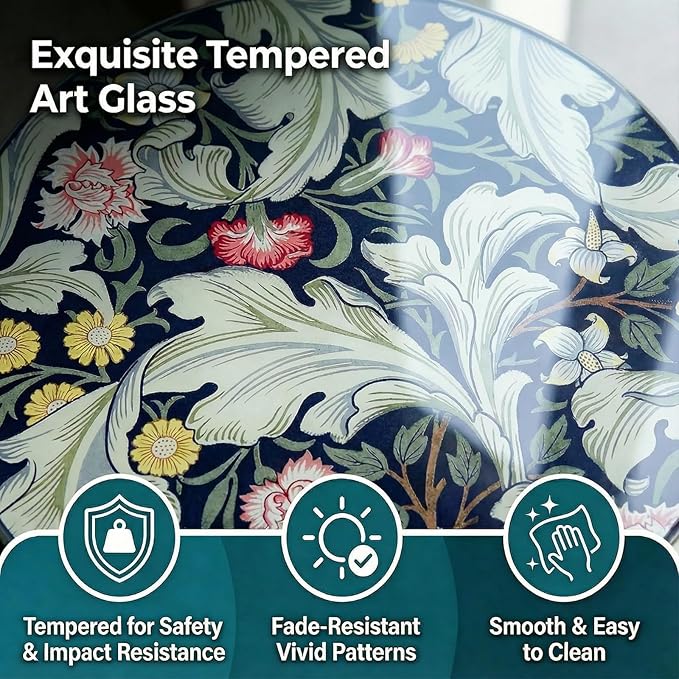 Simmer Stone 13.4" Outdoor Side Table, Round Patio Bistro Table Printed Tempered Glass Top, Waterproof Rust-Proof Base, Small Plant Stand for Balcony, Garden, Deck, 21.6" H (Morris Green)