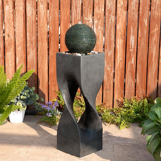 Glitzhome Outdoor Water Fountain, 36.5" H Polyresin Outdoor Fountain with Pebbles, Pump and LED Light, Modern Geometric Pedestal and Sphere Garden Fountain Waterfall for Patio, Backyard, Porch, Deck